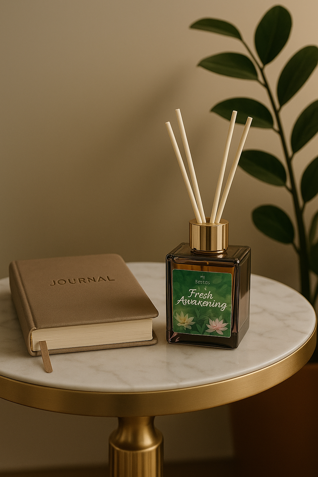 Fresh Awakening reed diffuser styled in modern home setting with clean fresh fragrance