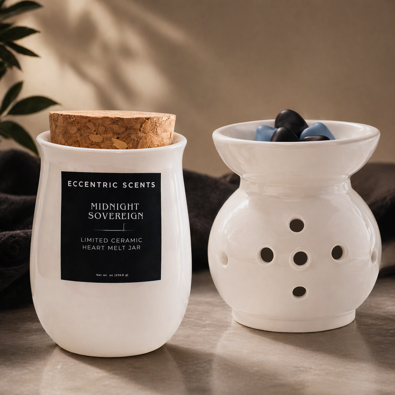 Midnight Sovereign wax melts styled in moody home setting with warm ambient fragrance
