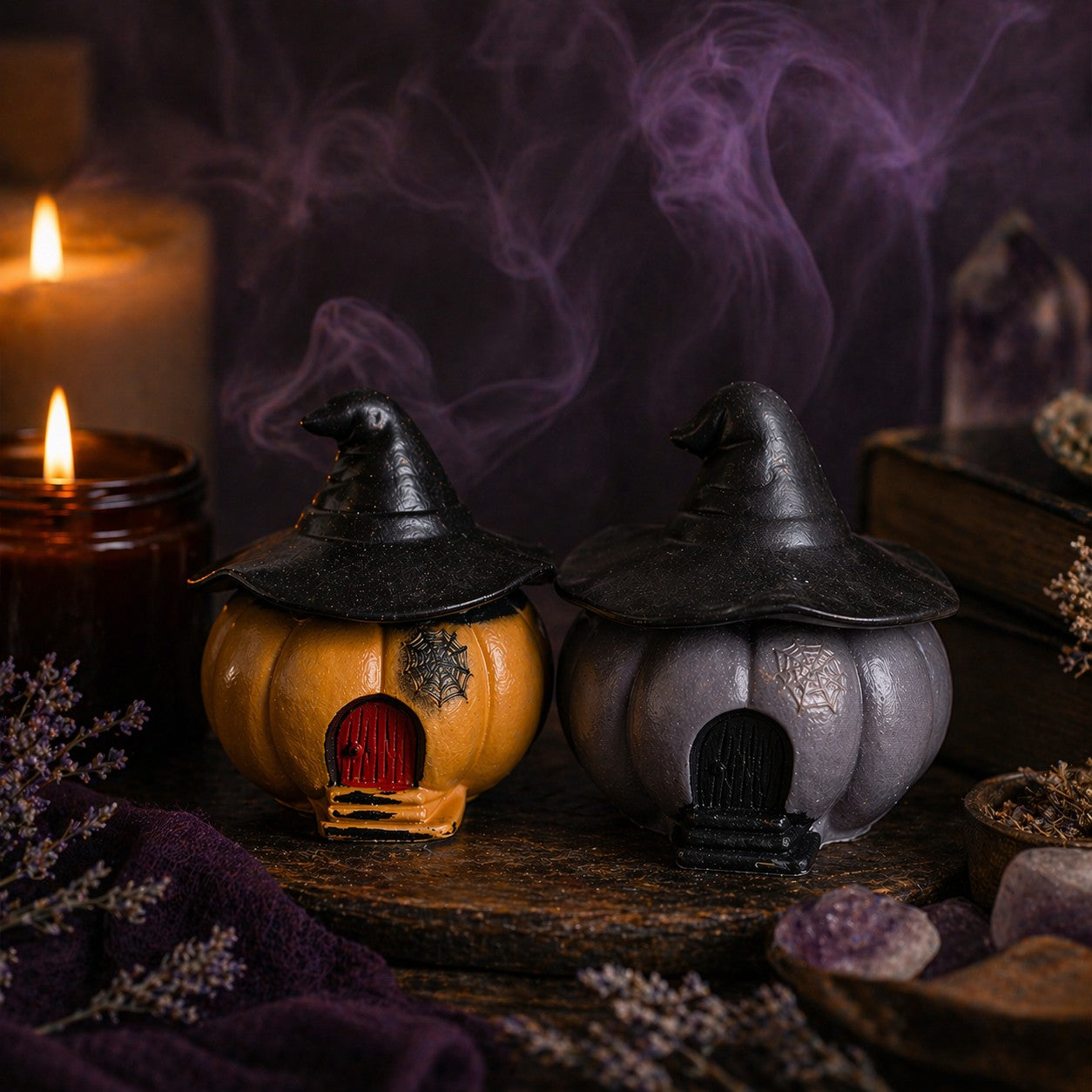 Mystic Cottage candle styled in cozy home setting with warm woodsy fragrance and soft lighting