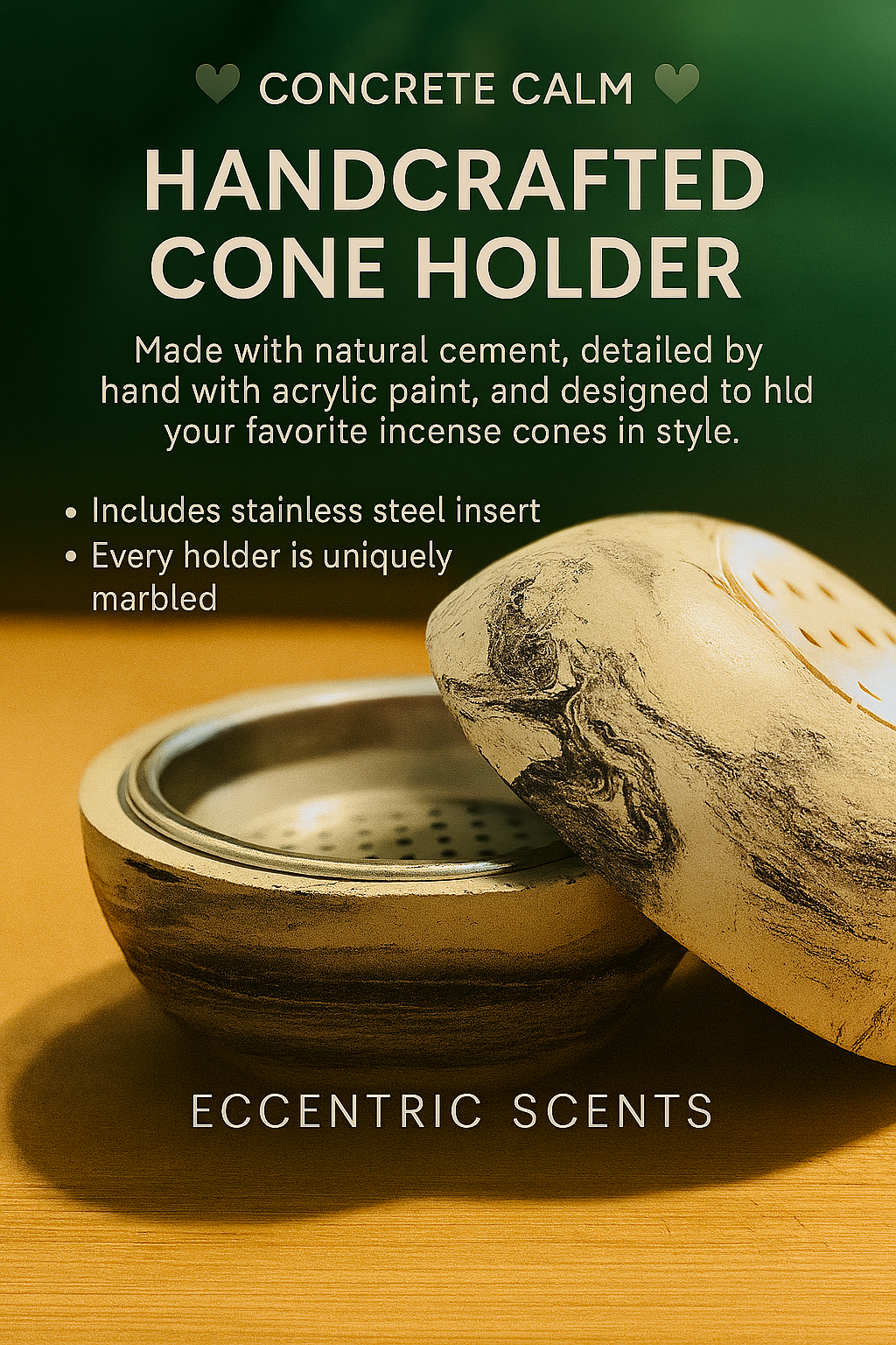Sacred Smoke Vessel incense cone holder with black marble finish in handcrafted concrete by Eccentric Scents