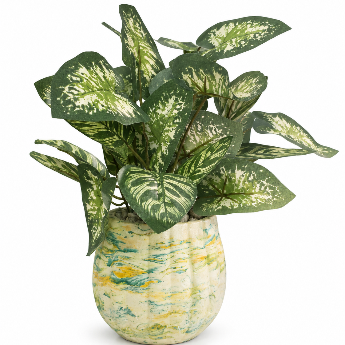 Handcrafted concrete planter with green marbled design, filled with realistic silk greenery arrangement, displayed on a white background.