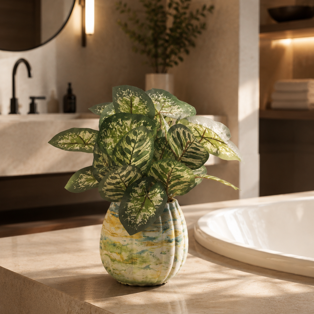 Handcrafted concrete planter with green marbled design, filled with realistic silk greenery arrangement, displayed on a white background.
