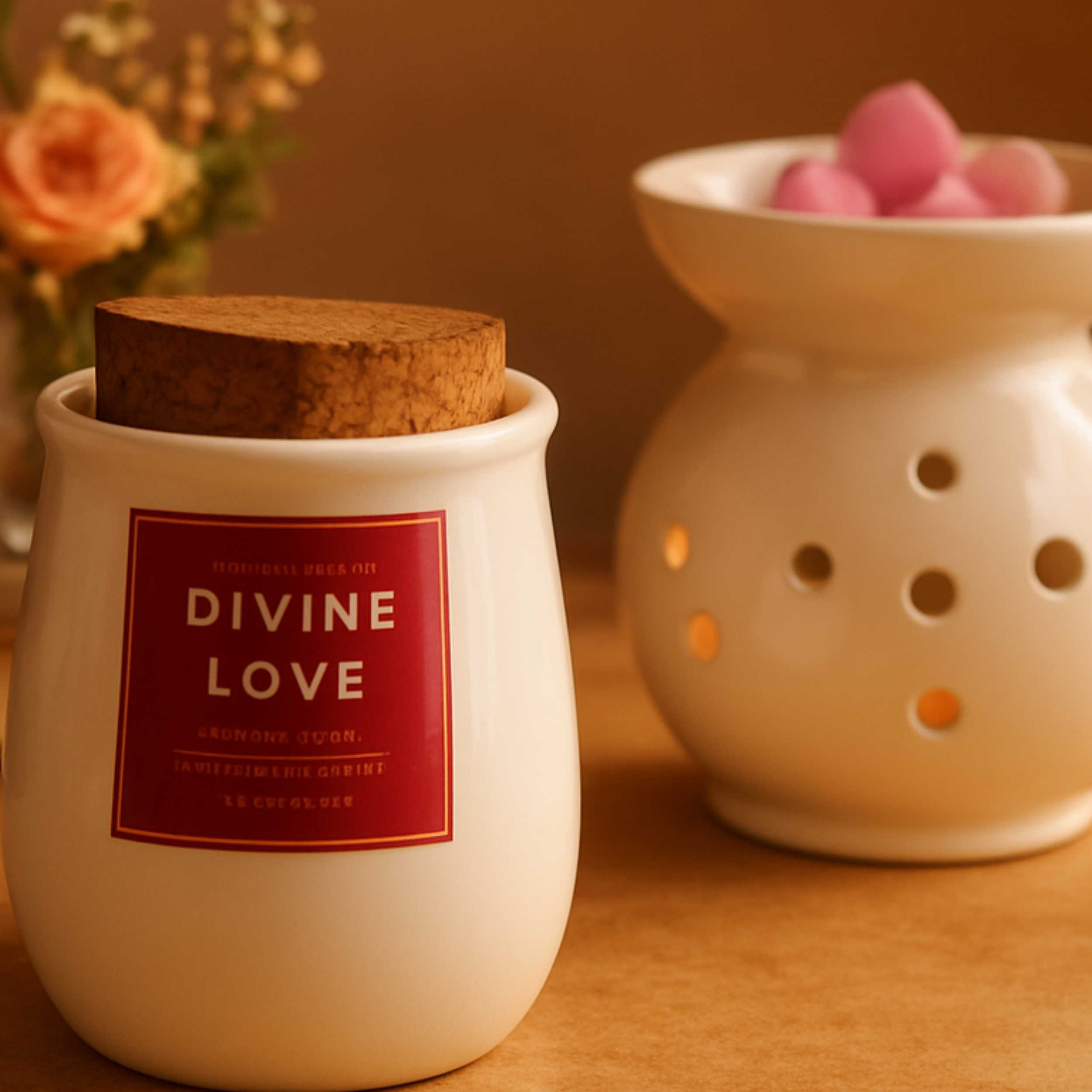 Divine Love heart wax melts styled in cozy home setting with soft warm fragrance