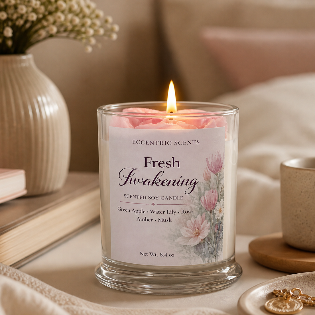 Fresh Awakening soy candle with fresh green apple and soft floral fragrance by Eccentric Scents
