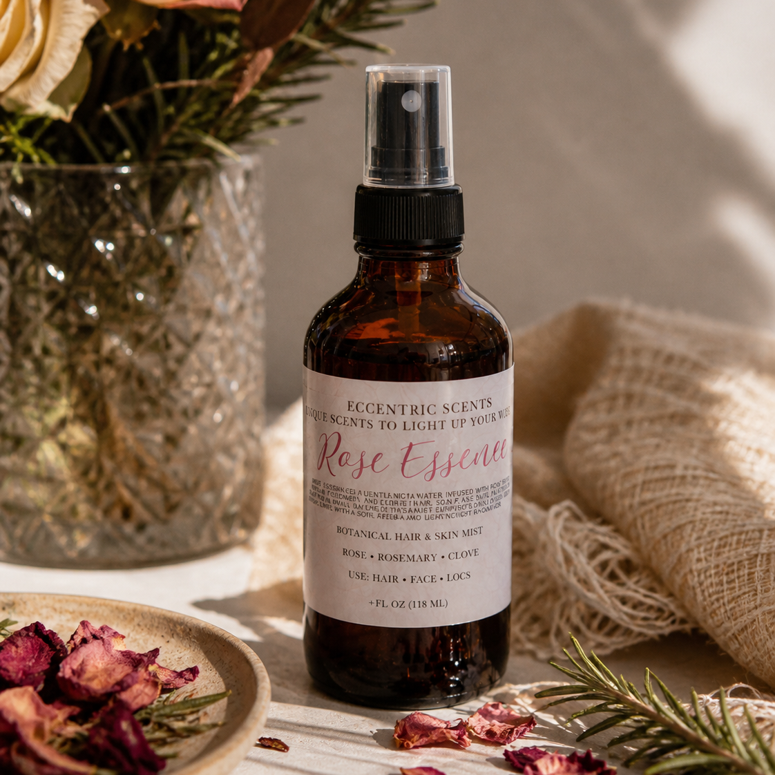 Rose Essence spray bottle styled with roses and natural elements for hair and skin care routine