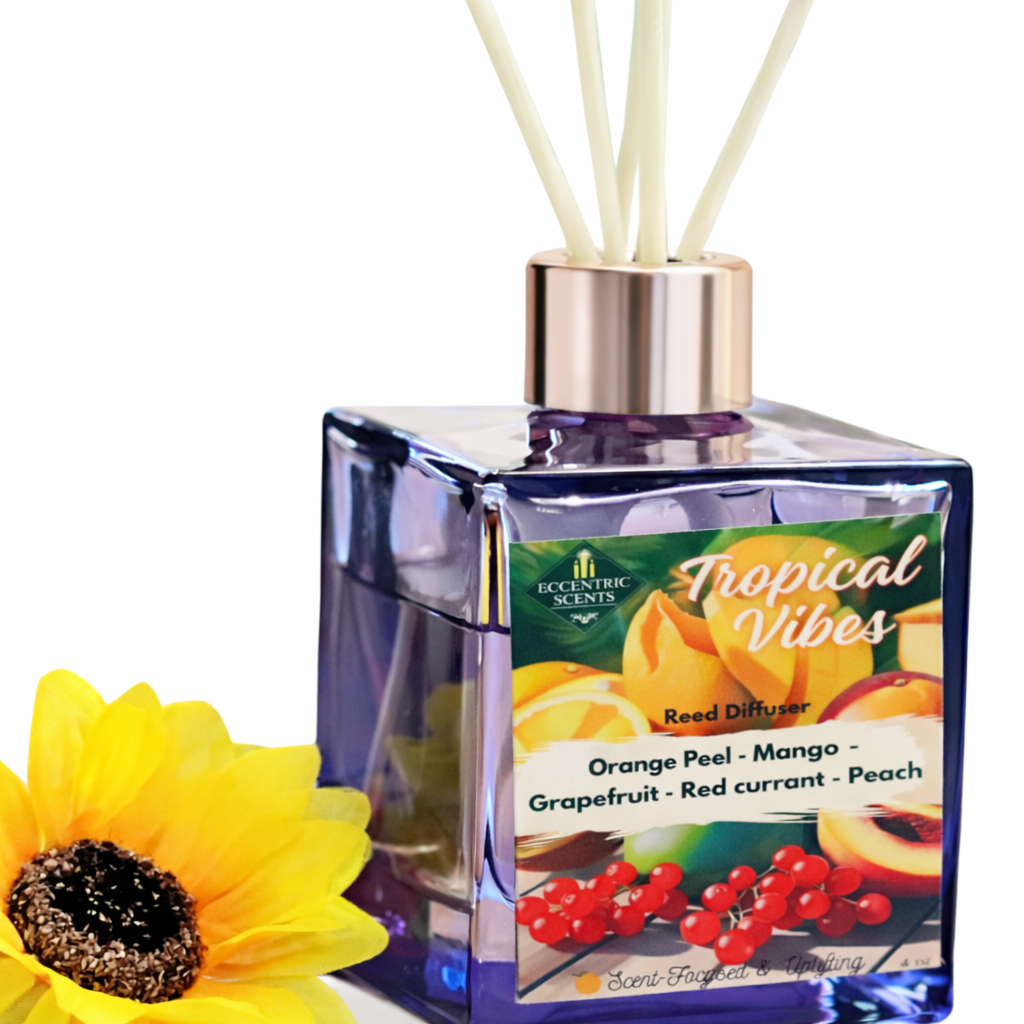 Tropical Vibes reed diffuser with citrus and fruity fragrance by Eccentric Scents