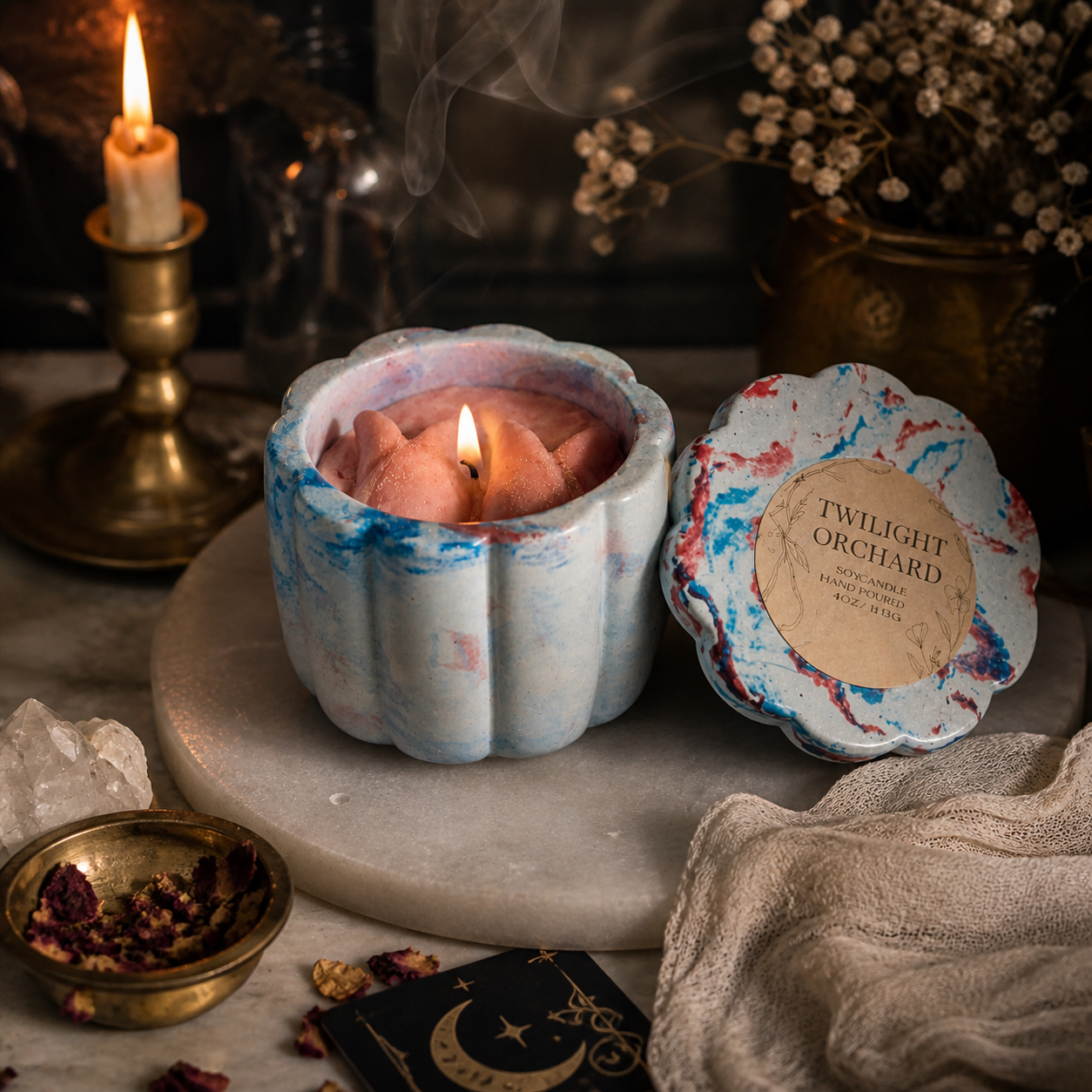 Handcrafted Twilight Orchard concrete candle with fruit and floral scent by Eccentric Scents